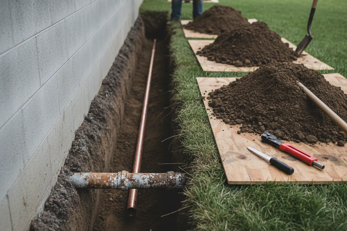 Excavated water line trench during Sewer Line Repair in Glen Ridge